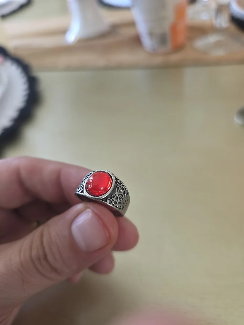 Silver Ring with Red Cabochon Gemstone